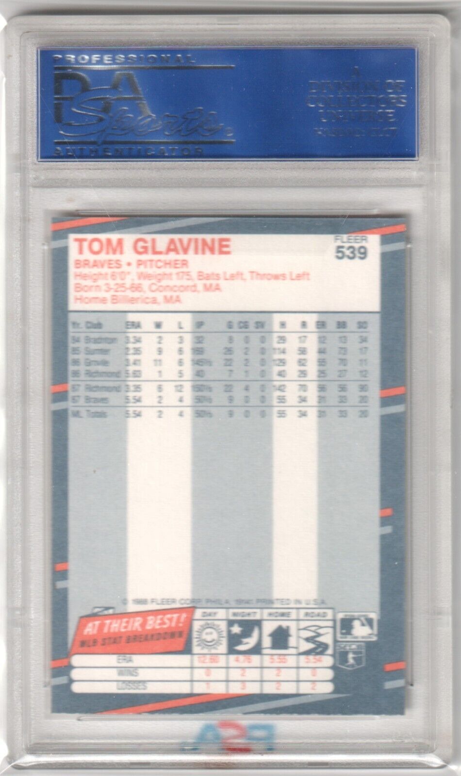 TOM GLAVINE 1988 Fleer RC Rookie #539 PSA 10 GEM MINT - BRAVES - Columbia Hobby - Sports Card Boxes - Toploaders - Card Savers