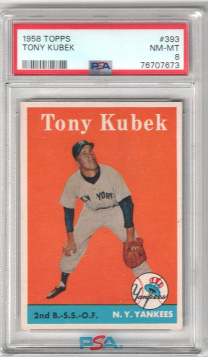 TONY KUBEK 1958 Topps #393 Graded PSA 8 NM - MT - YANKEES - Columbia Hobby - Sports Card Boxes - Toploaders - Card Savers