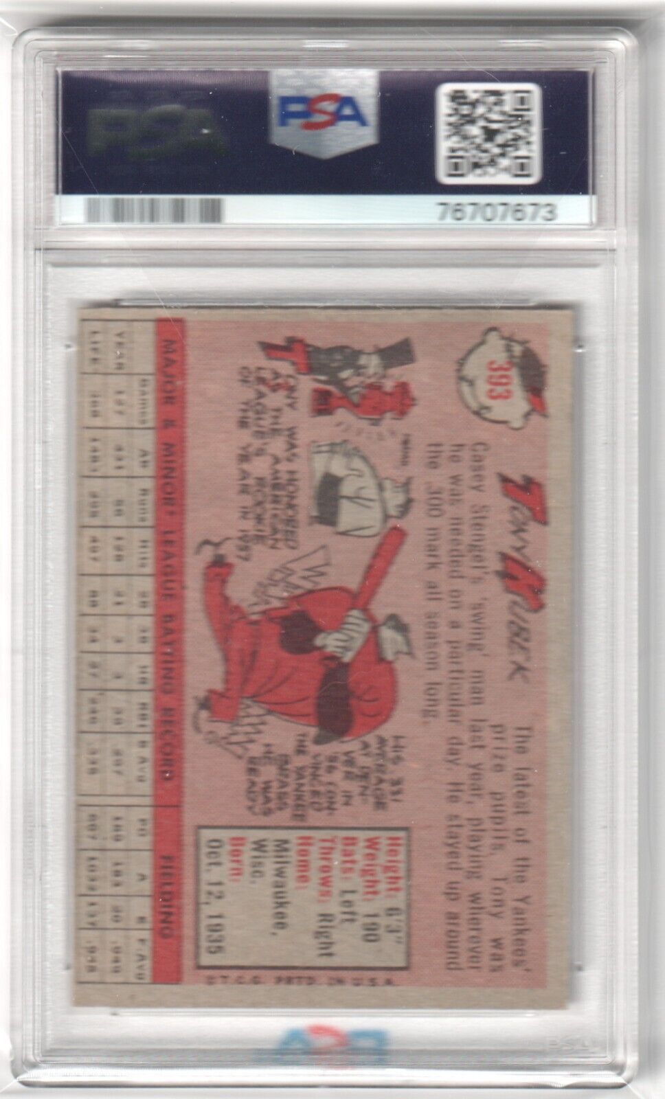 TONY KUBEK 1958 Topps #393 Graded PSA 8 NM - MT - YANKEES - Columbia Hobby - Sports Card Boxes - Toploaders - Card Savers