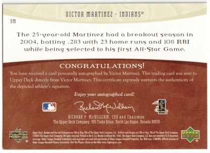 VICTOR MARTINEZ 2005 Upper Deck Artifacts Autograph Auto #/599 - INDIANS - Columbia Hobby - Sports Card Boxes - Toploaders - Card Savers