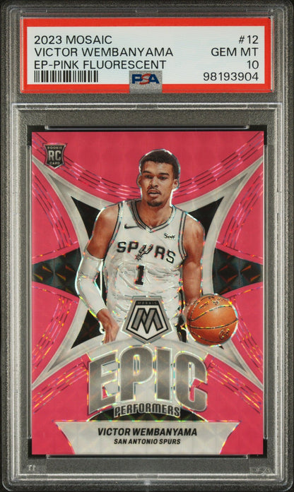 VICTOR WEMBANYAMA 2023 Panini Mosaic Epic RC Pink Fluorescent PSA 10 GEM Pop 3 - Columbia Hobby - Sports Card Boxes - Toploaders - Card Savers