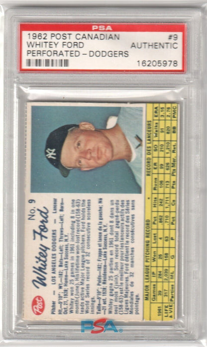WHITEY FORD 1962 Post Canadian #9 PSA Authentic - YANKEES DODGERS - Columbia Hobby - Sports Card Boxes - Toploaders - Card Savers