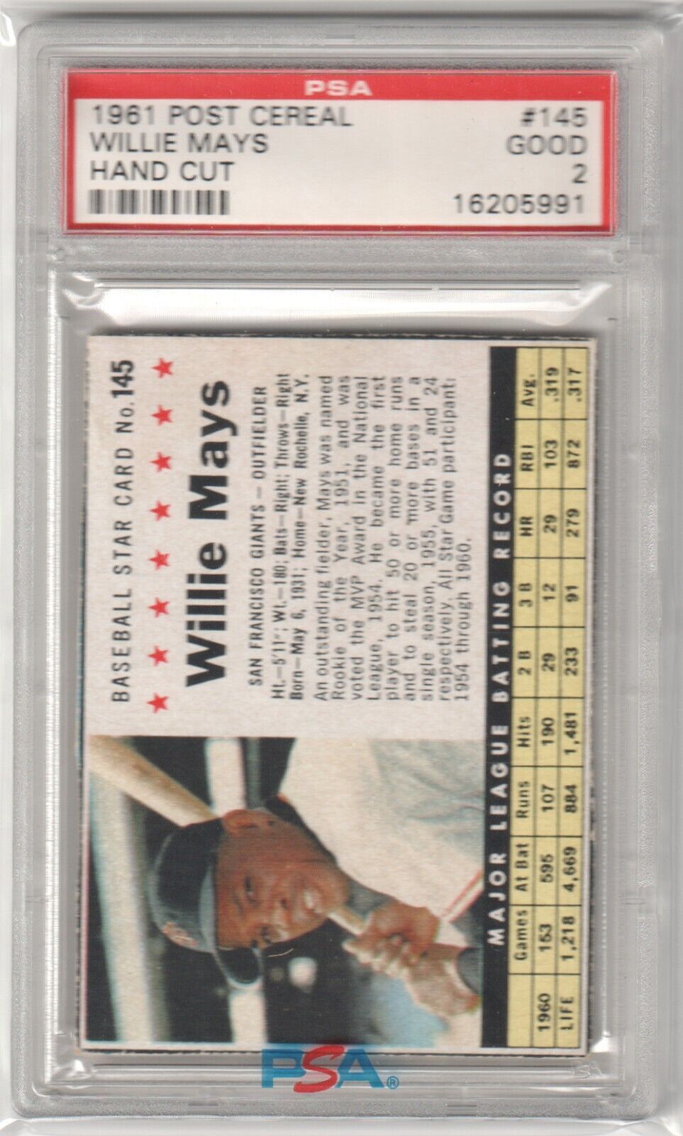 WILLIE MAYS 1961 Post Cereal #145 Graded PSA 2 Good - GIANTS - Columbia Hobby - Sports Card Boxes - Toploaders - Card Savers