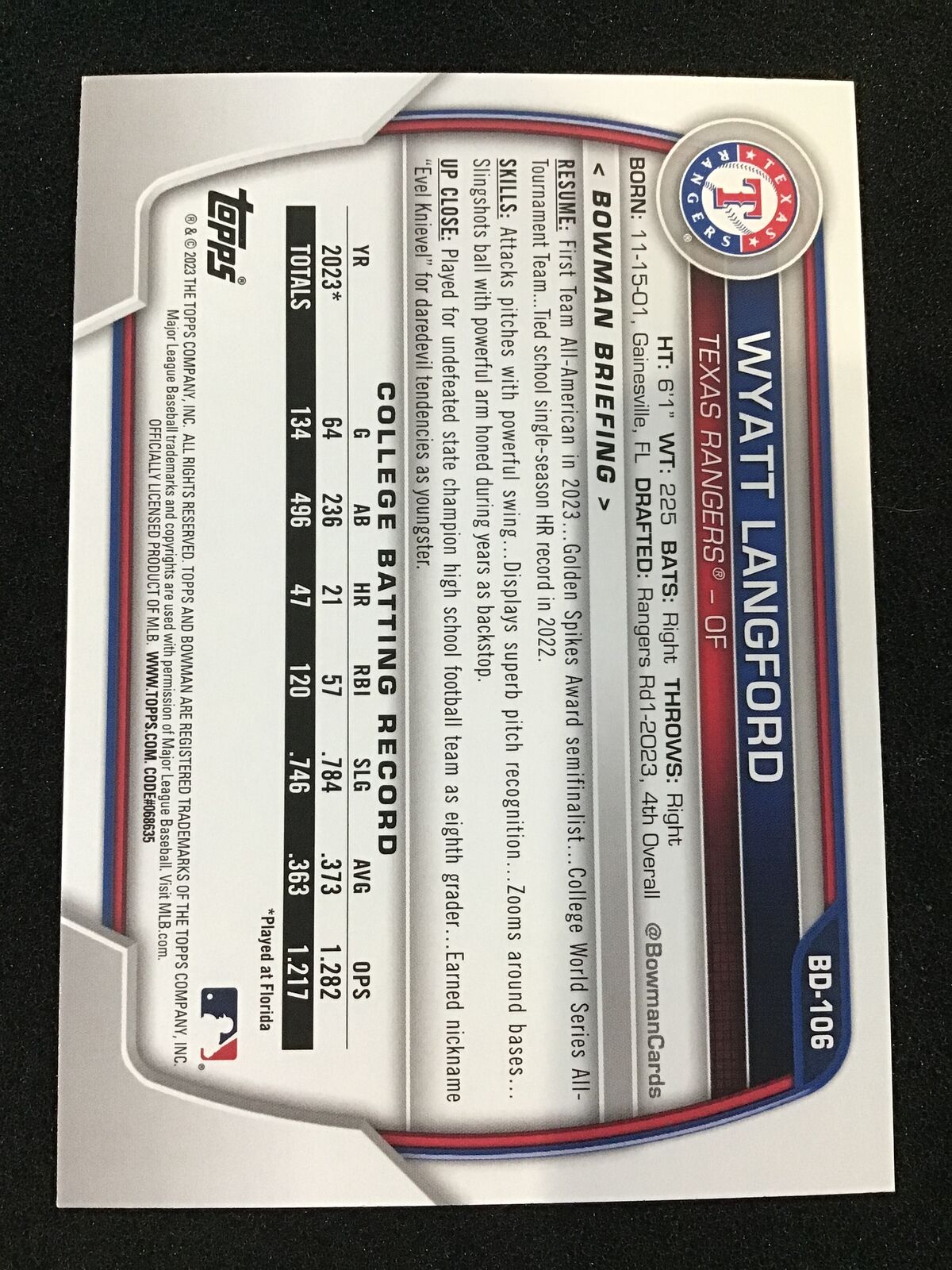 Wyatt Langford 2023 Bowman Draft 1st BD - 106 - Texas Rangers - Columbia Hobby - Sports Card Boxes - Toploaders - Card Savers
