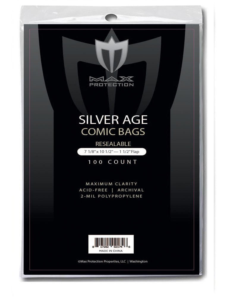 100ct Pack Silver Comic Bags - Resealable - 7 - 1/8x10 - 1/2 - Columbia Hobby - Sports Card Boxes - Toploaders - Card Savers