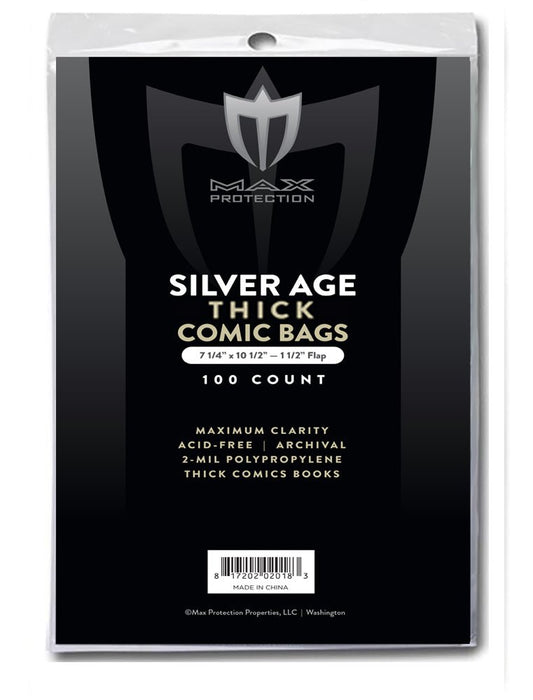100ct Pack Silver / Regular Thick Comic Bags 7 - 1/4 x 10 - 1/2 - Columbia Hobby - Sports Card Boxes - Toploaders - Card Savers