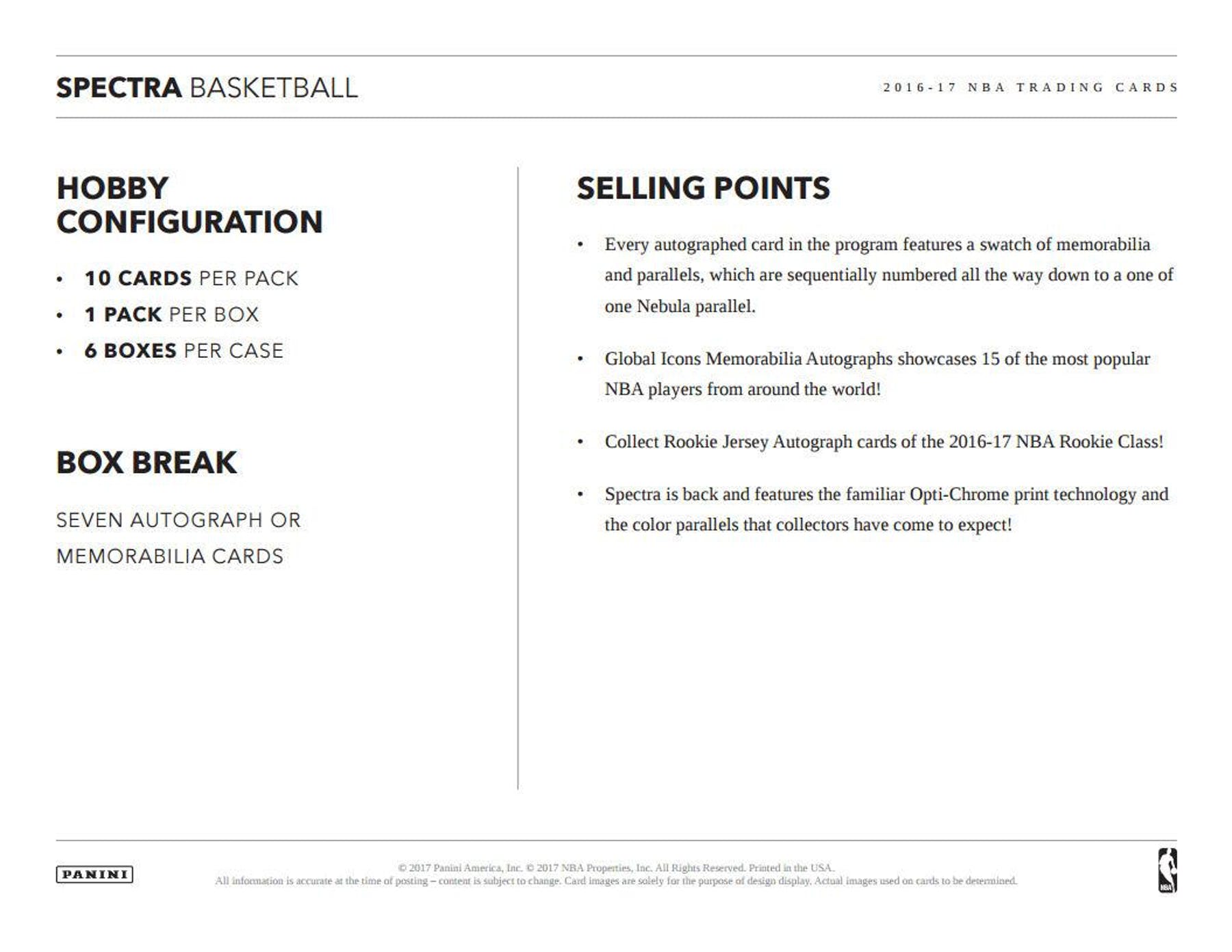 2016 - 17 Panini Spectra Basketball Hobby Box - Columbia Hobby - Sports Card Boxes - Toploaders - Card Savers