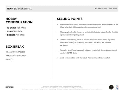 2021 - 22 Panini Noir Basketball Hobby Box - Columbia Hobby - Sports Card Boxes - Toploaders - Card Savers