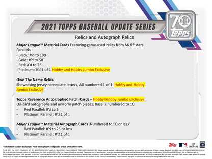 2021 Topps Update Series Baseball Hobby Box - Columbia Hobby - Sports Card Boxes - Toploaders - Card Savers
